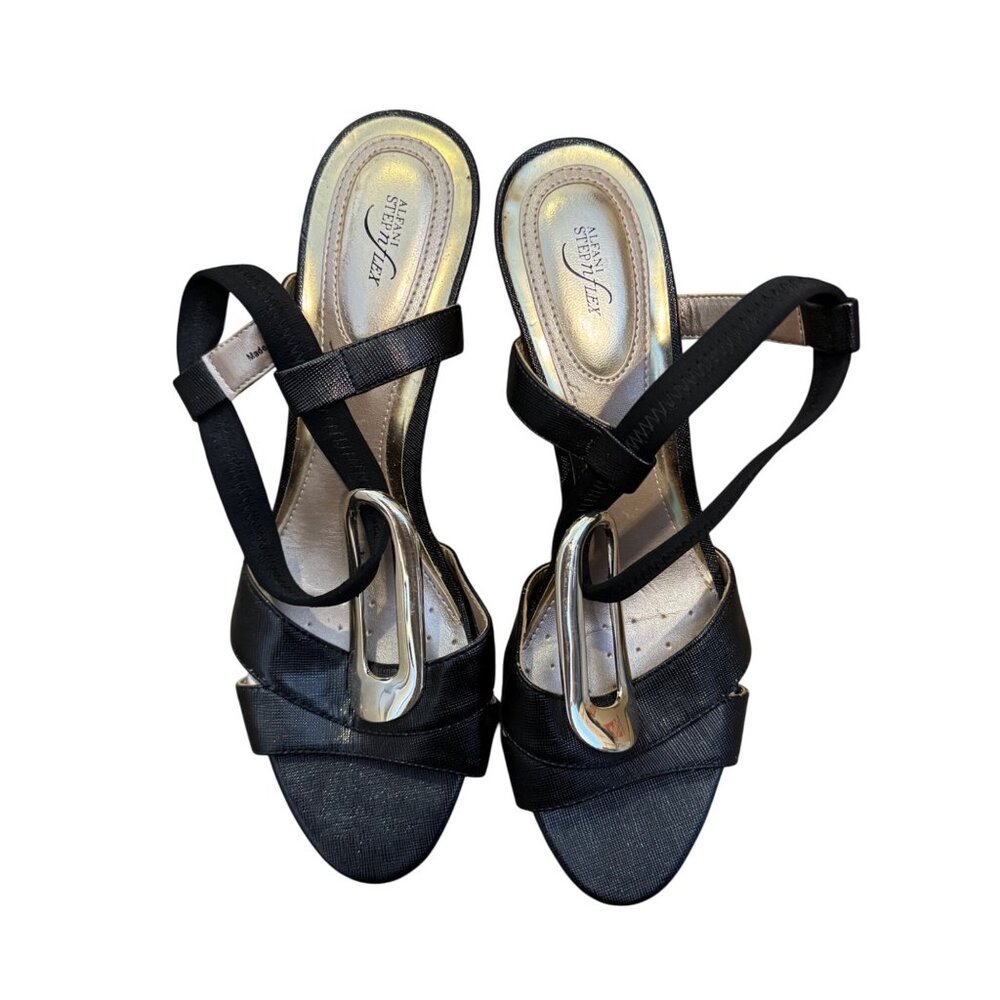 Alfani Step n Flex Womens Sandals Size 10M Black & Gold Open Toe Strappy Design